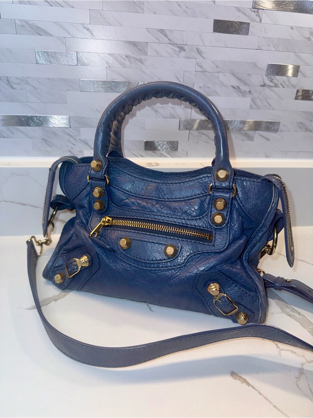Balenciaga Blue Leather Mini City Satchel with Gold Hardware
